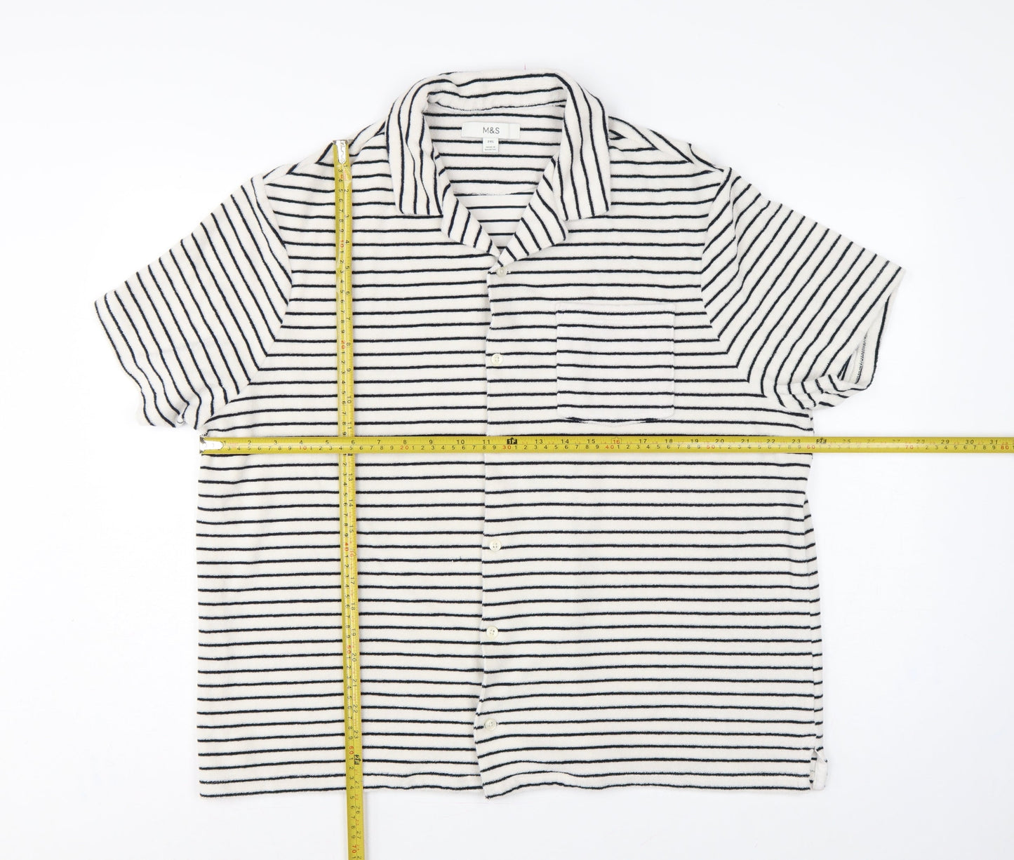 Marks and Spencer Women White Navy Striped Basic Cotton Terry Polo Shirt 2XL