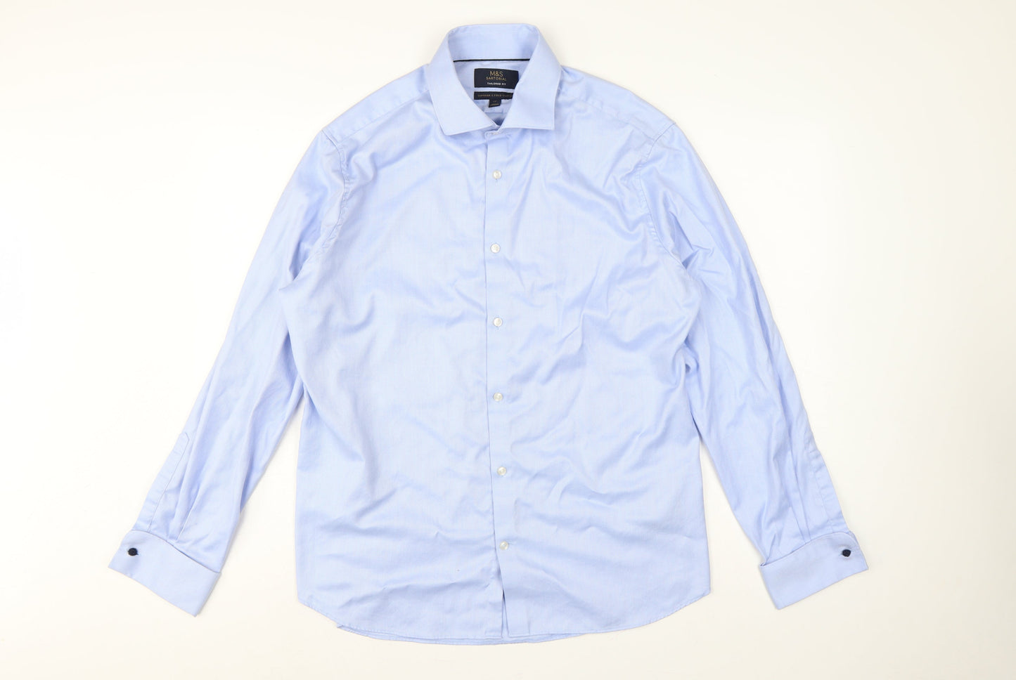 Marks and Spencer Men Blue L 17in Slim Herringbone Cotton Dress Shirt