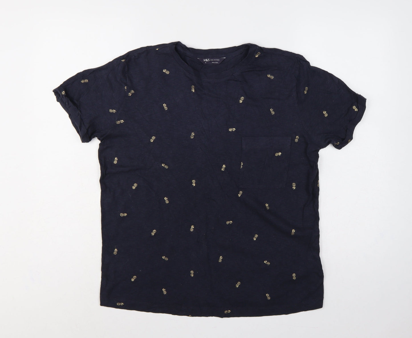 Marks and Spencer Women Blue Size 12 Pineapple Cotton Pocket T-Shirt