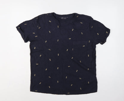 Marks and Spencer Women Blue Size 12 Pineapple Cotton Pocket T-Shirt