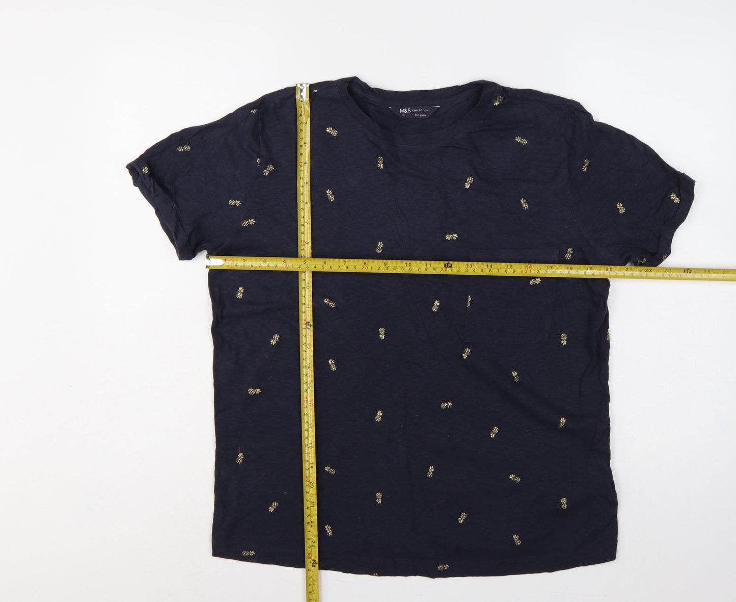 Marks and Spencer Women Blue Size 12 Pineapple Cotton Pocket T-Shirt