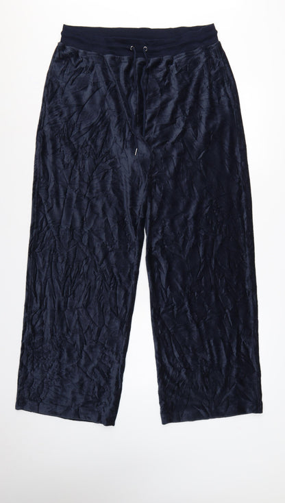 M&S Womens Blue UK 16 Regular Crushed Velour Wide-Leg Drawstring Trousers
