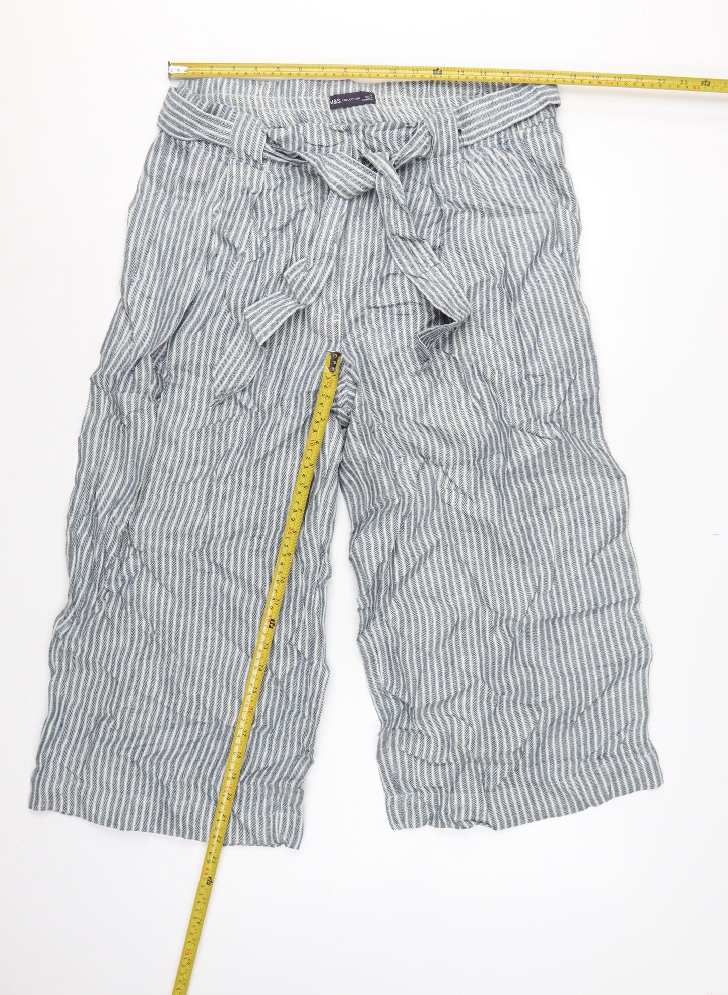 Marks & Spencer Women Blue Stripe UK 18 Linen Paperbag Wide Leg Trousers