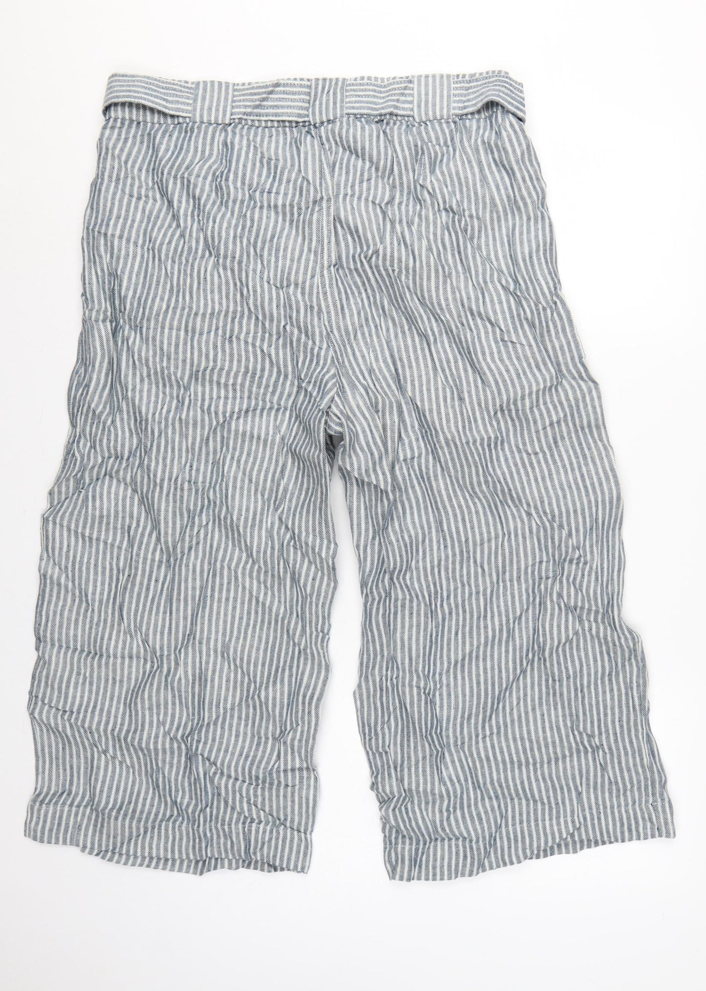 Marks & Spencer Women Blue Stripe UK 18 Linen Paperbag Wide Leg Trousers