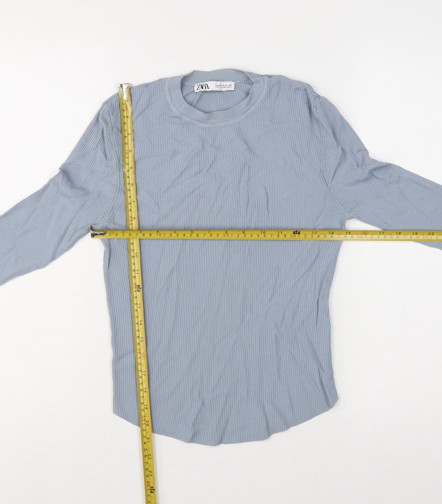 Zara Women Blue M Ribbed Knit Long Sleeve Crew Neck Pullover Jumper