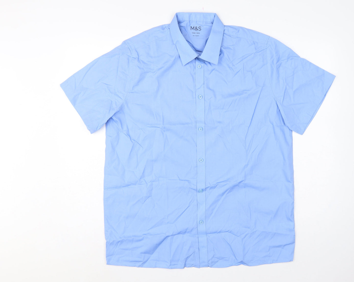Marks and Spencer Men Blue 16.5in Collar Short Sleeve Button-Up Shirt