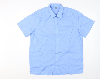 Marks and Spencer Men Blue 16.5in Collar Short Sleeve Button-Up Shirt