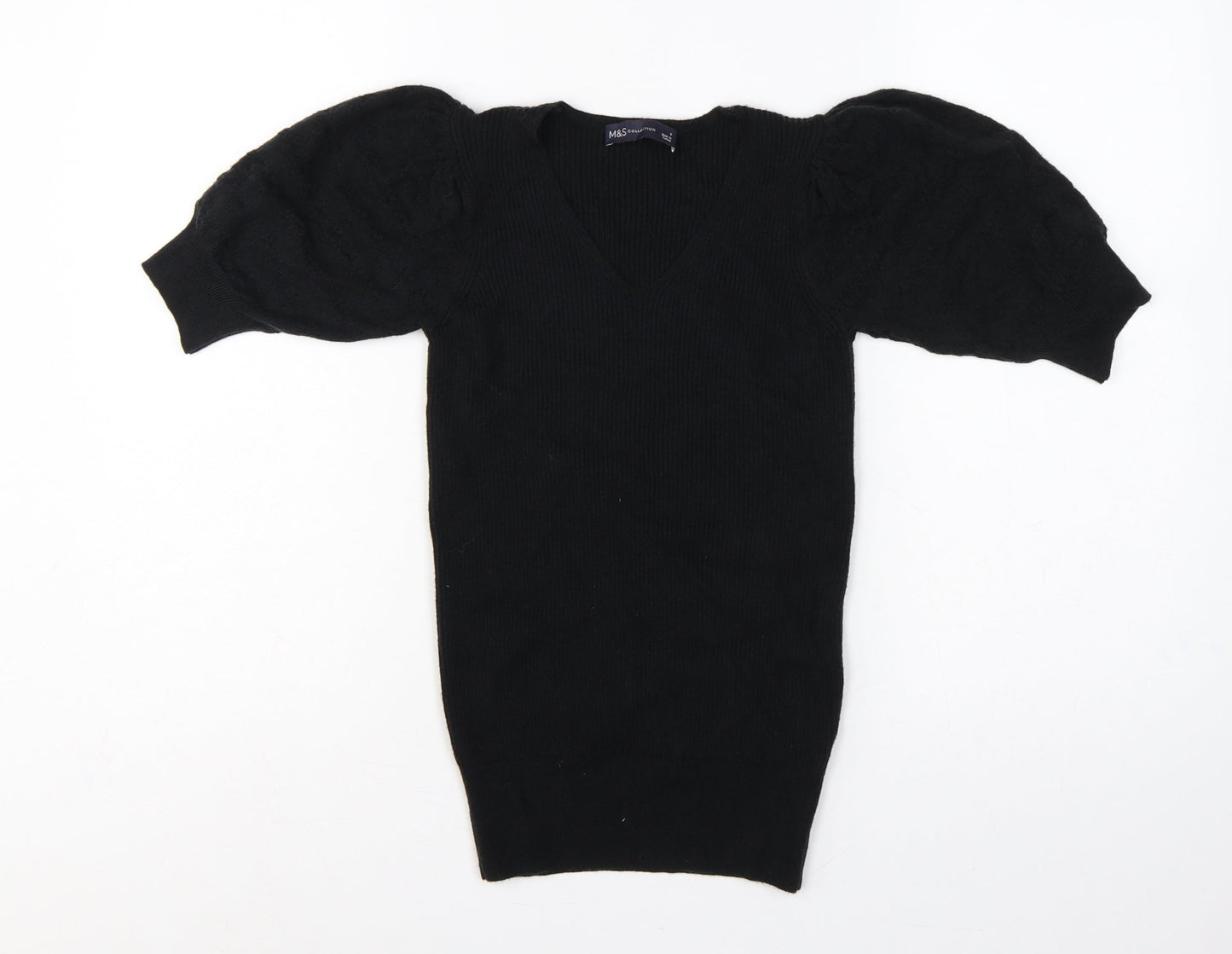 M&S Collection Women’s Black UK 6 V-Neck Cable Knit Puff Sleeve Jumper