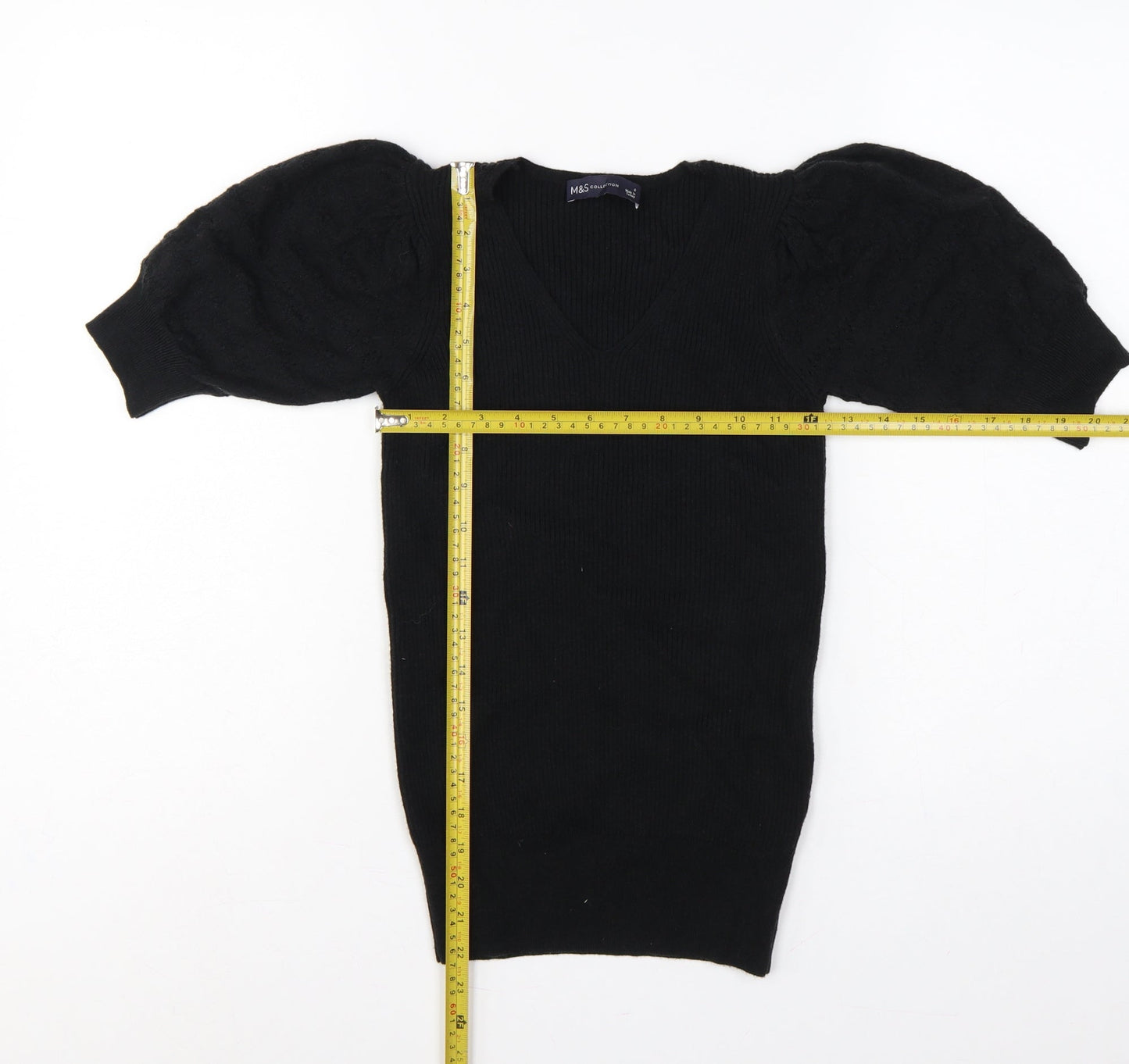 M&S Collection Women’s Black UK 6 V-Neck Cable Knit Puff Sleeve Jumper