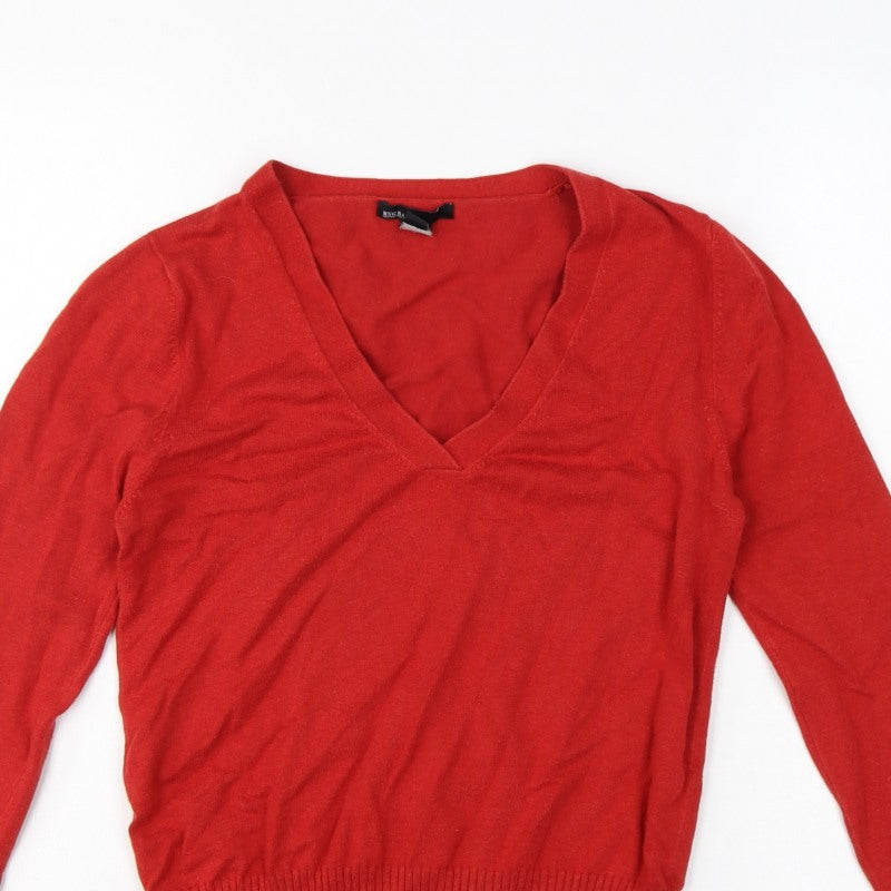 MNG Basics Women Red XL V-Neck Fine Knit Long Sleeve Pullover Jumper