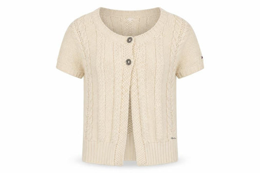 Front view of Hilfiger Denim Women Ivory XL Cable Knit Short Sleeve Cardigan