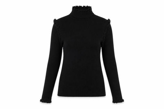 River Island Women Black UK 10 Ribbed High Neck Ruffle Jumper