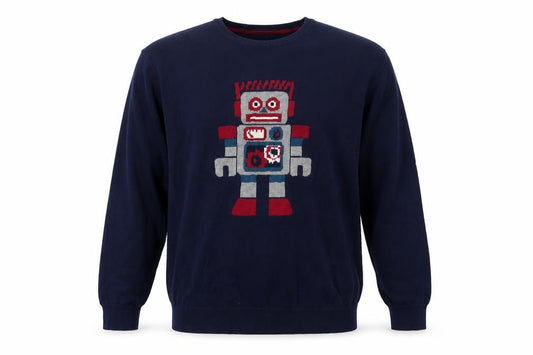 Club Room Men’s Blue 3XL Robot Graphic Pima Cotton Crew Neck Jumper