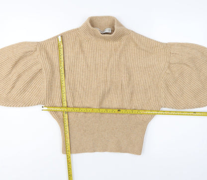 Zara Women Beige S Ribbed High Neck Puff Sleeve Knit Jumper