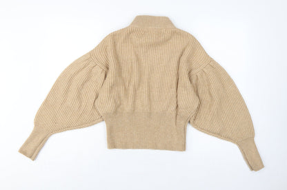 Zara Women Beige S Ribbed High Neck Puff Sleeve Knit Jumper