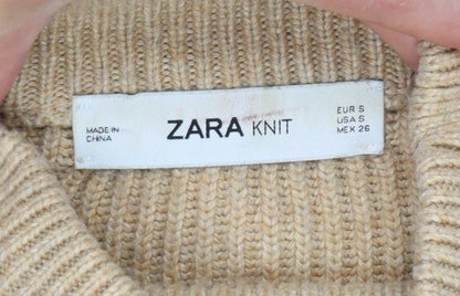Zara Women Beige S Ribbed High Neck Puff Sleeve Knit Jumper
