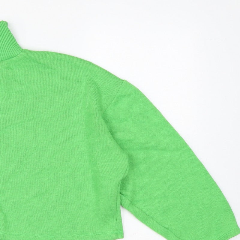 Zara Women Green High Neck Cropped Knit Jumper Size S Balloon Sleeve