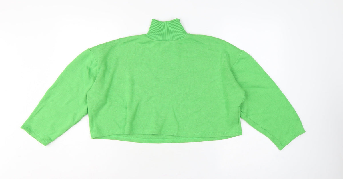 Zara Women Green High Neck Cropped Knit Jumper Size S Balloon Sleeve