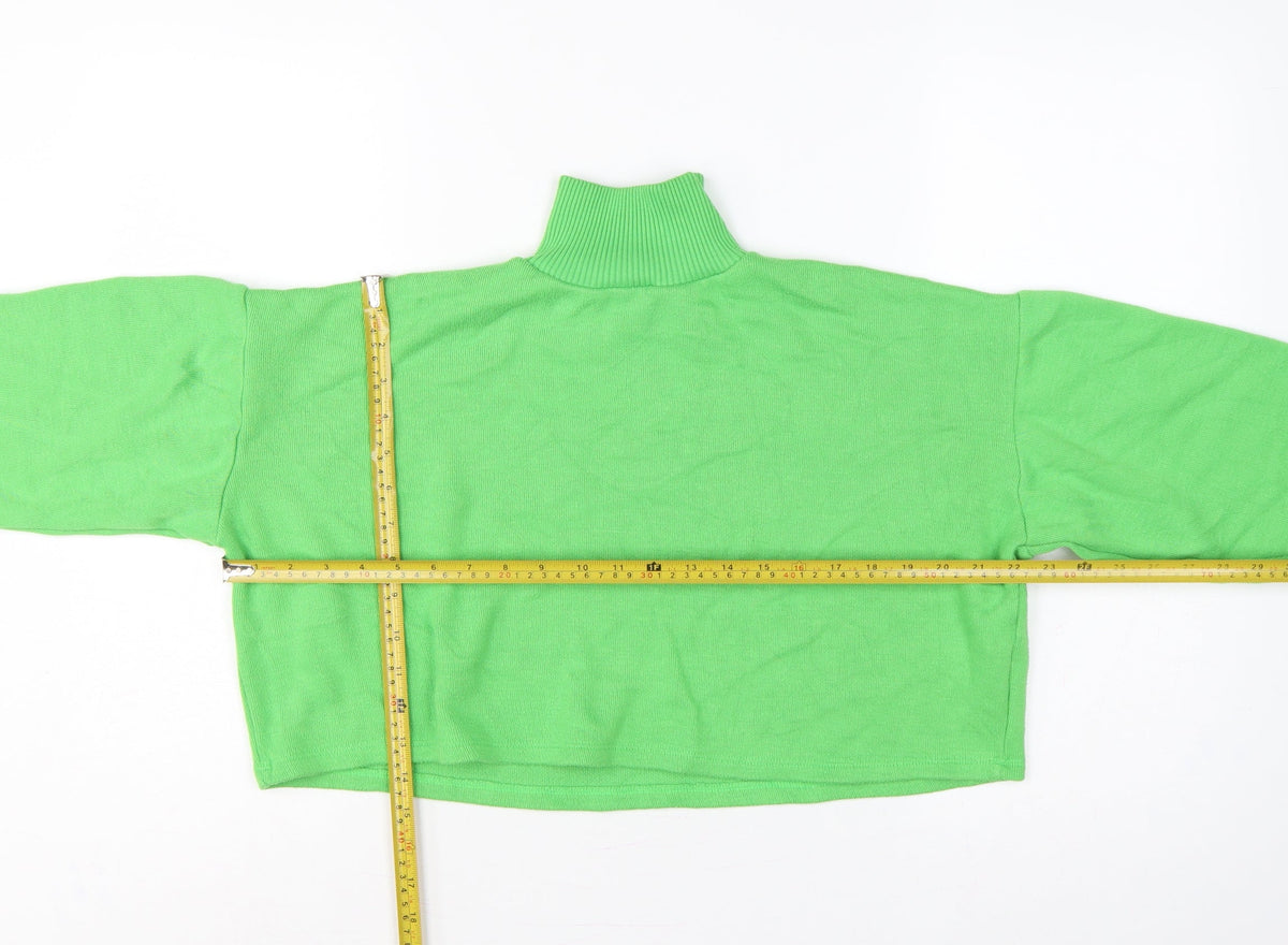 Zara Women Green High Neck Cropped Knit Jumper Size S Balloon Sleeve