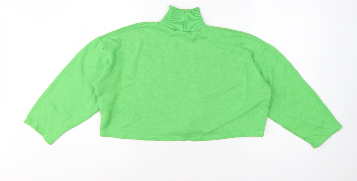 Zara Women Green High Neck Cropped Knit Jumper Size S Balloon Sleeve