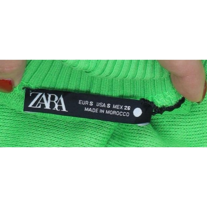 Zara Women Green High Neck Cropped Knit Jumper Size S Balloon Sleeve