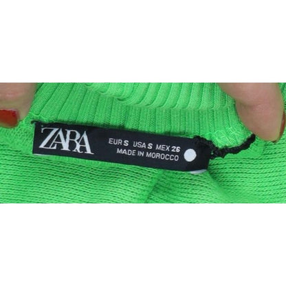 Zara Women Green High Neck Cropped Knit Jumper Size S Balloon Sleeve