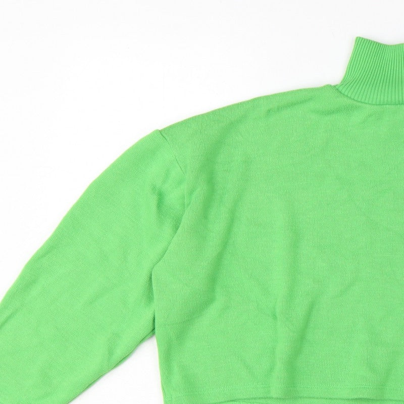 Zara Women Green High Neck Cropped Knit Jumper Size S Balloon Sleeve