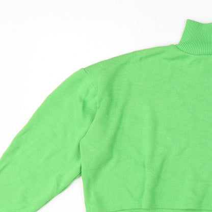 Zara Women Green High Neck Cropped Knit Jumper Size S Balloon Sleeve