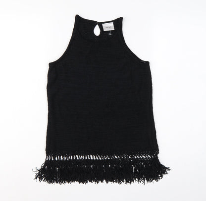 Next Women Black Large Knit Fringe Keyhole Sleeveless Tunic Tank Top