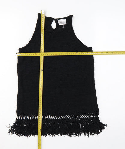 Next Women Black Large Knit Fringe Keyhole Sleeveless Tunic Tank Top