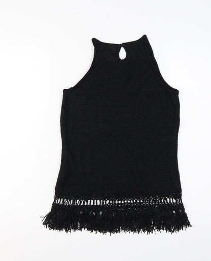 Next Women Black Large Knit Fringe Keyhole Sleeveless Tunic Tank Top