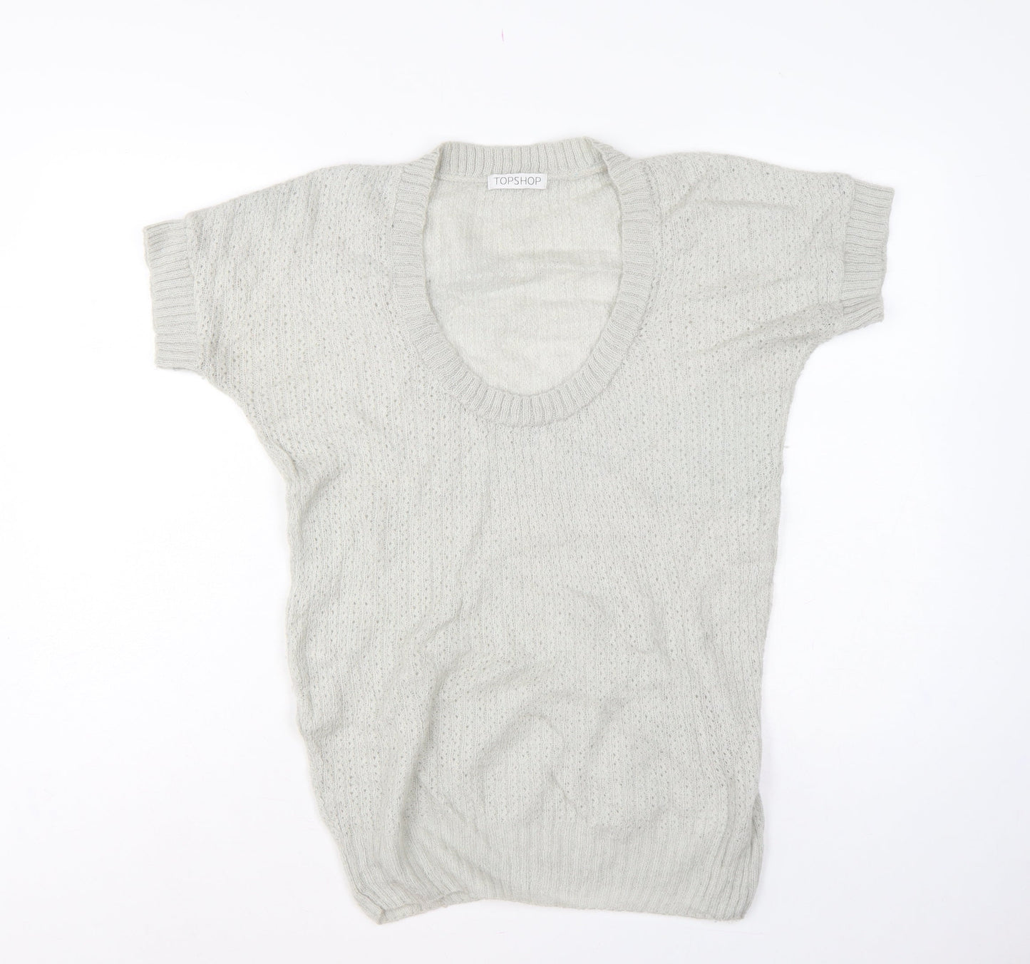 Topshop Women Grey UK 12 Short Sleeve Scoop Neck Open Knit Jumper