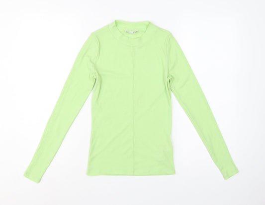 Topshop Women Green UK 8 Basic Ribbed Mock Neck Long Sleeve T-Shirt