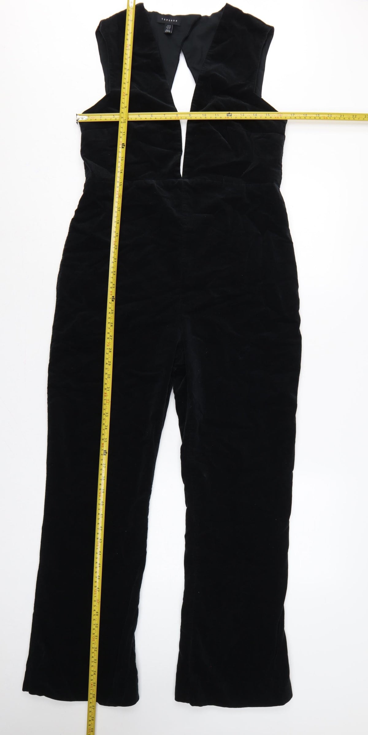 Topshop Women Black UK 14 Velvet V-Neck Backless Flared Jumpsuit
