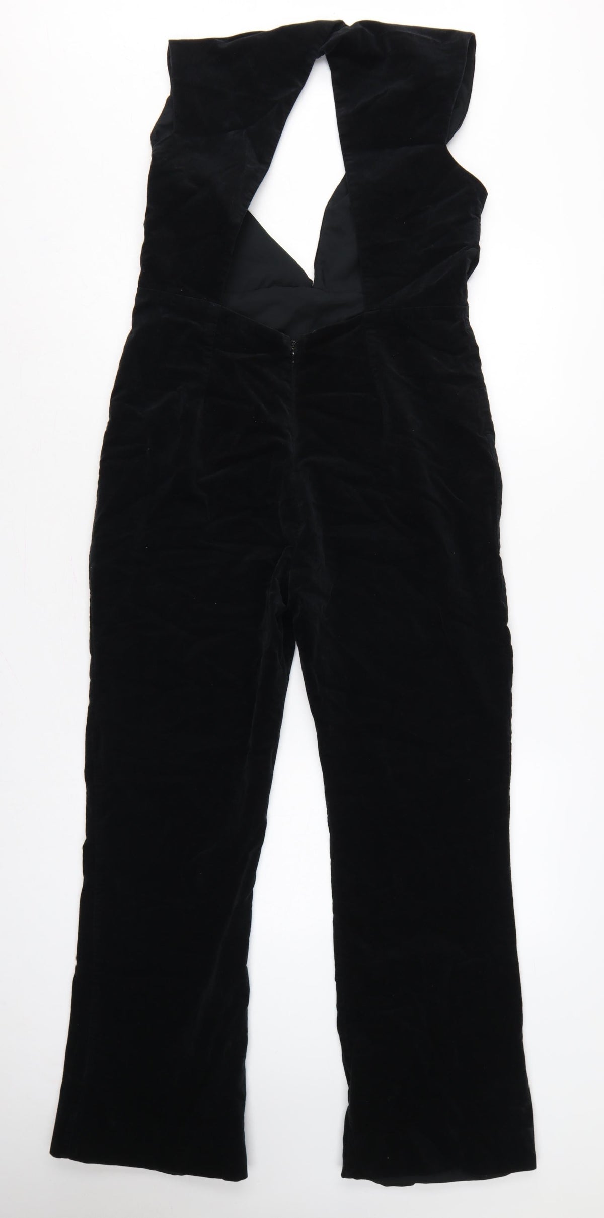 Topshop Women Black UK 14 Velvet V-Neck Backless Flared Jumpsuit