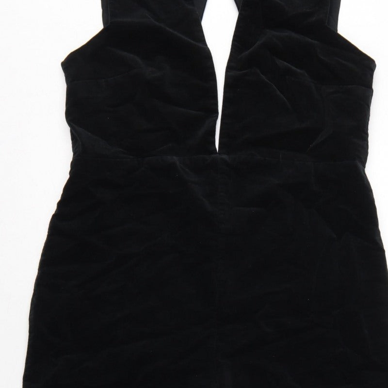 Topshop Women Black UK 14 Velvet V-Neck Backless Flared Jumpsuit