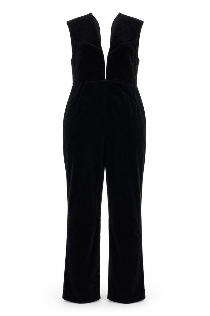 Topshop Women Black UK 14 Velvet V-Neck Backless Flared Jumpsuit