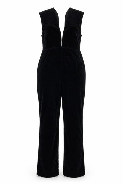 Topshop Women Black UK 14 Velvet V-Neck Backless Flared Jumpsuit