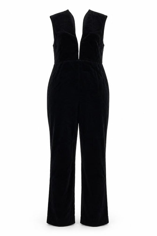 Topshop Women Black UK 14 Velvet V-Neck Backless Flared Jumpsuit