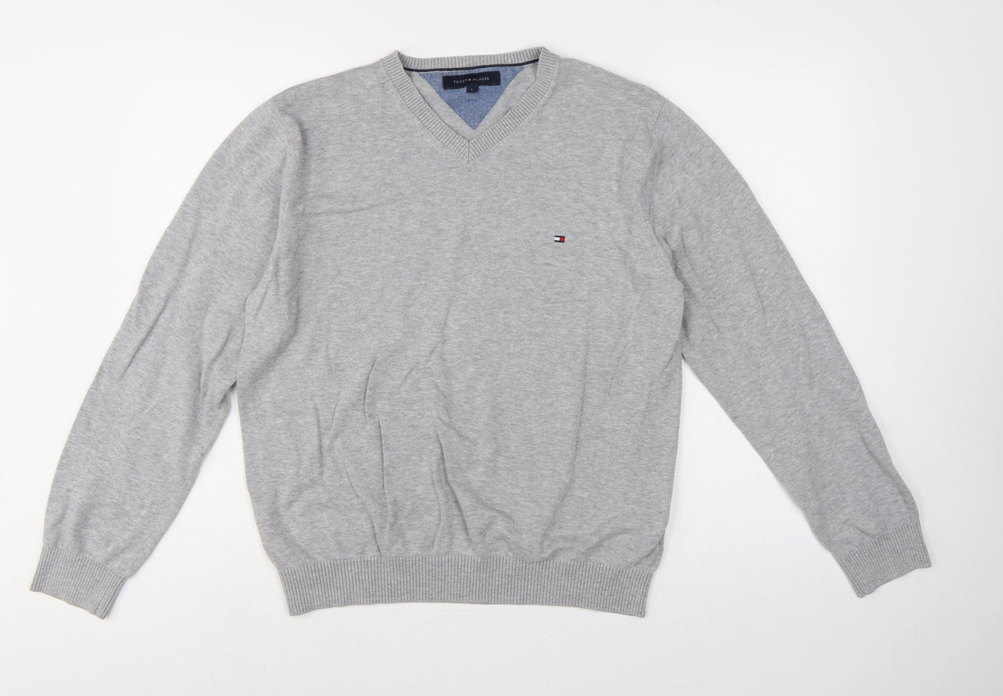 Tommy Hilfiger Men’s Grey L V-Neck Cotton Logo Pullover Jumper