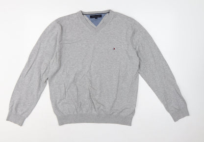 Tommy Hilfiger Men’s Grey L V-Neck Cotton Logo Pullover Jumper