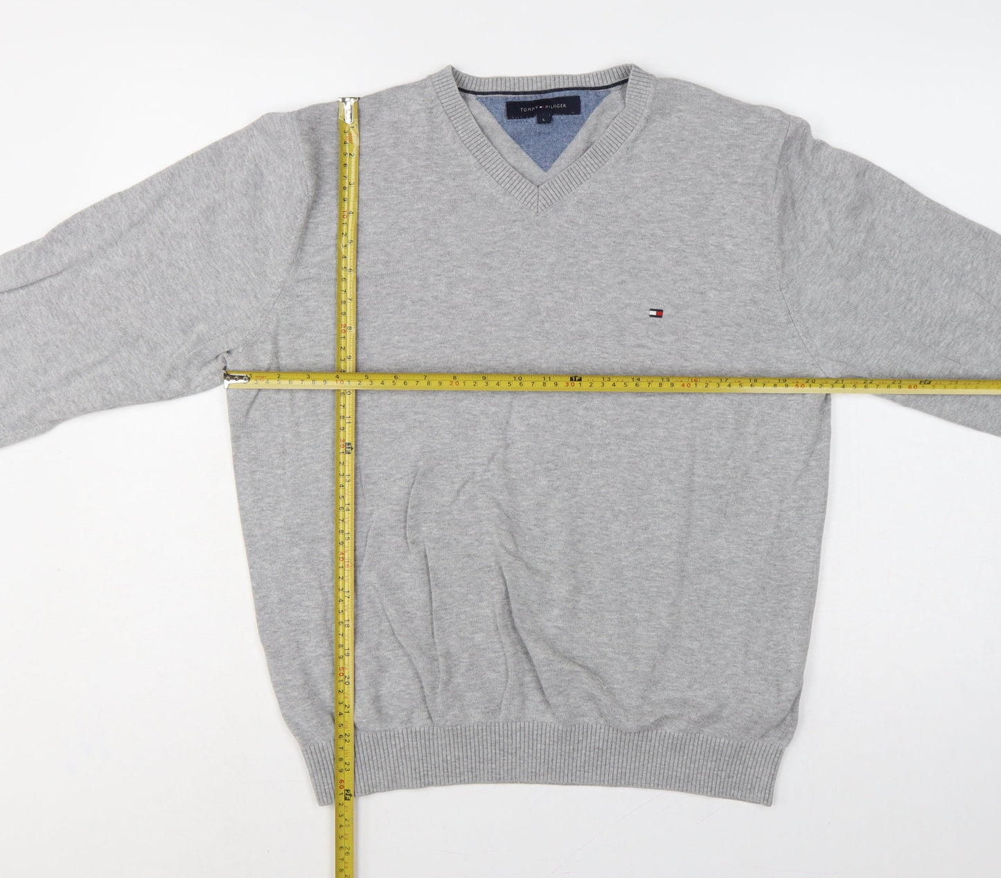 Tommy Hilfiger Men’s Grey L V-Neck Cotton Logo Pullover Jumper