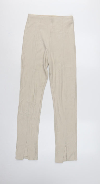 Stradivarius Women Beige S Ribbed High Rise Zip Hem Stretch Leggings