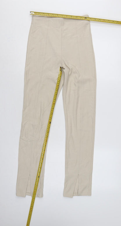 Stradivarius Women Beige S Ribbed High Rise Zip Hem Stretch Leggings