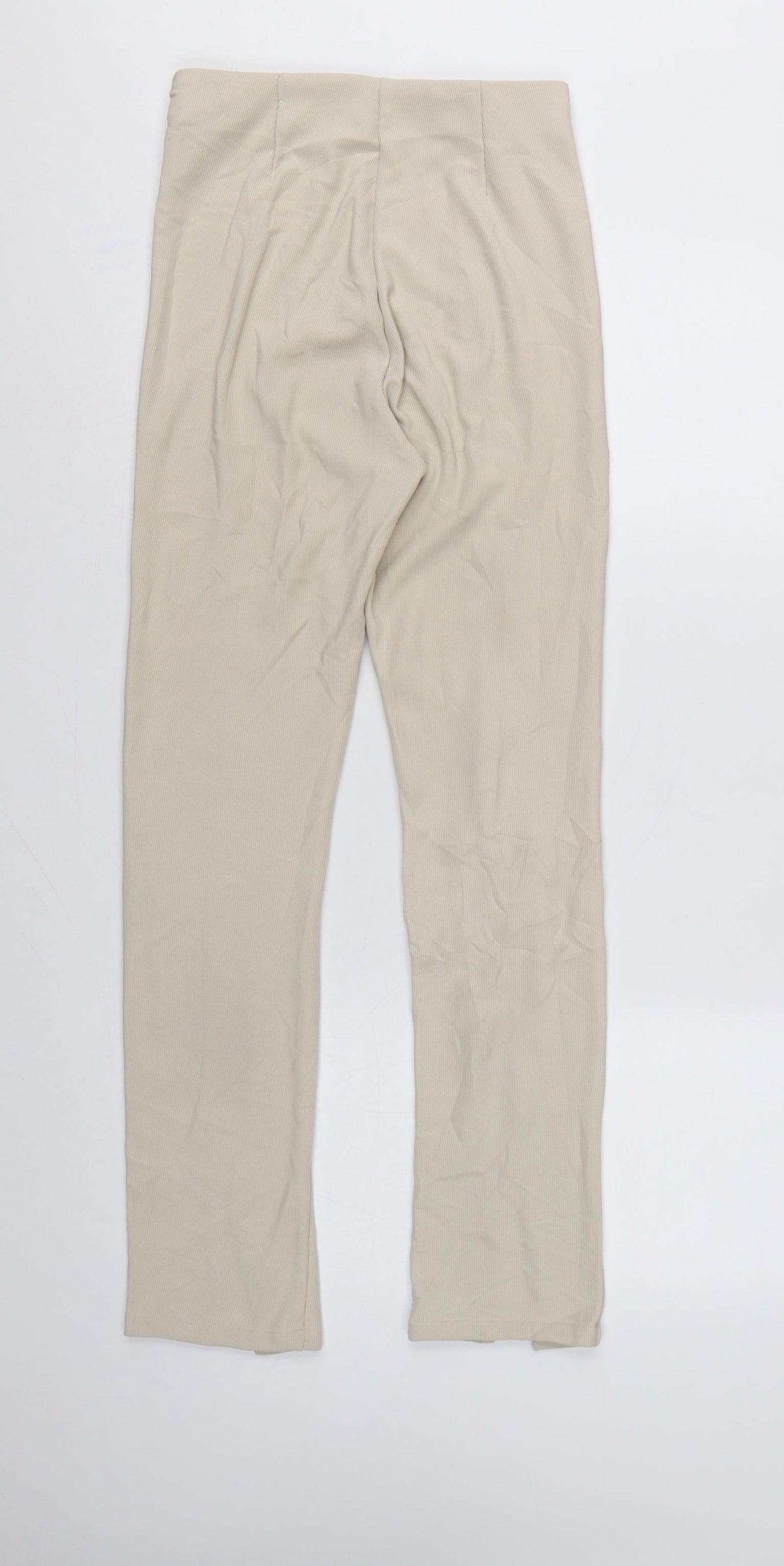 Stradivarius Women Beige S Ribbed High Rise Zip Hem Stretch Leggings