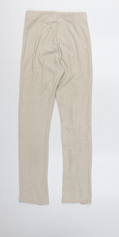 Stradivarius Women Beige S Ribbed High Rise Zip Hem Stretch Leggings