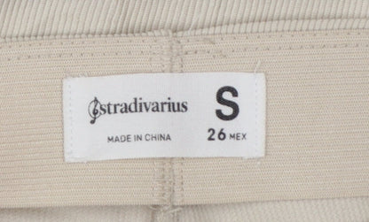 Stradivarius Women Beige S Ribbed High Rise Zip Hem Stretch Leggings