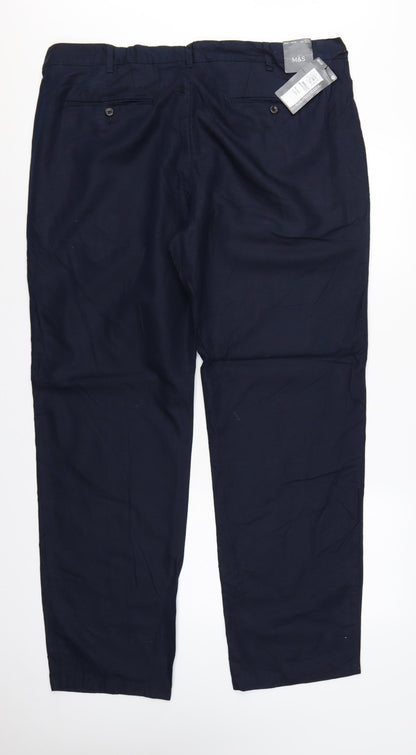 Marks and Spencer Men Blue 42 33 Regular Fit Linen Cotton Chino Trousers