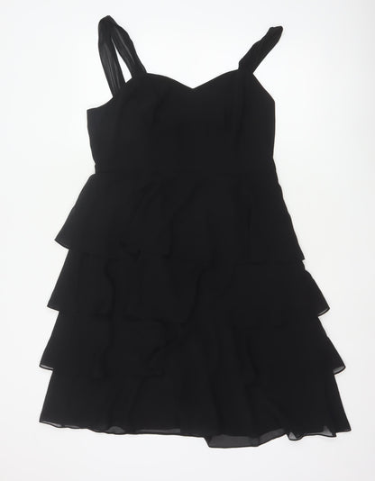 John Lewis Women Black UK 14 Long Chiffon Ruffle Fit & Flare Dress