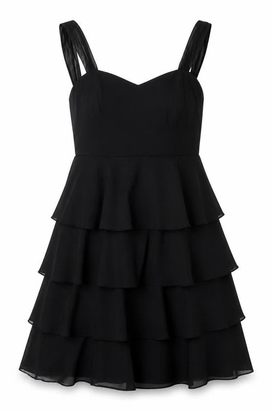 John Lewis Women Black UK 14 Long Chiffon Ruffle Fit & Flare Dress